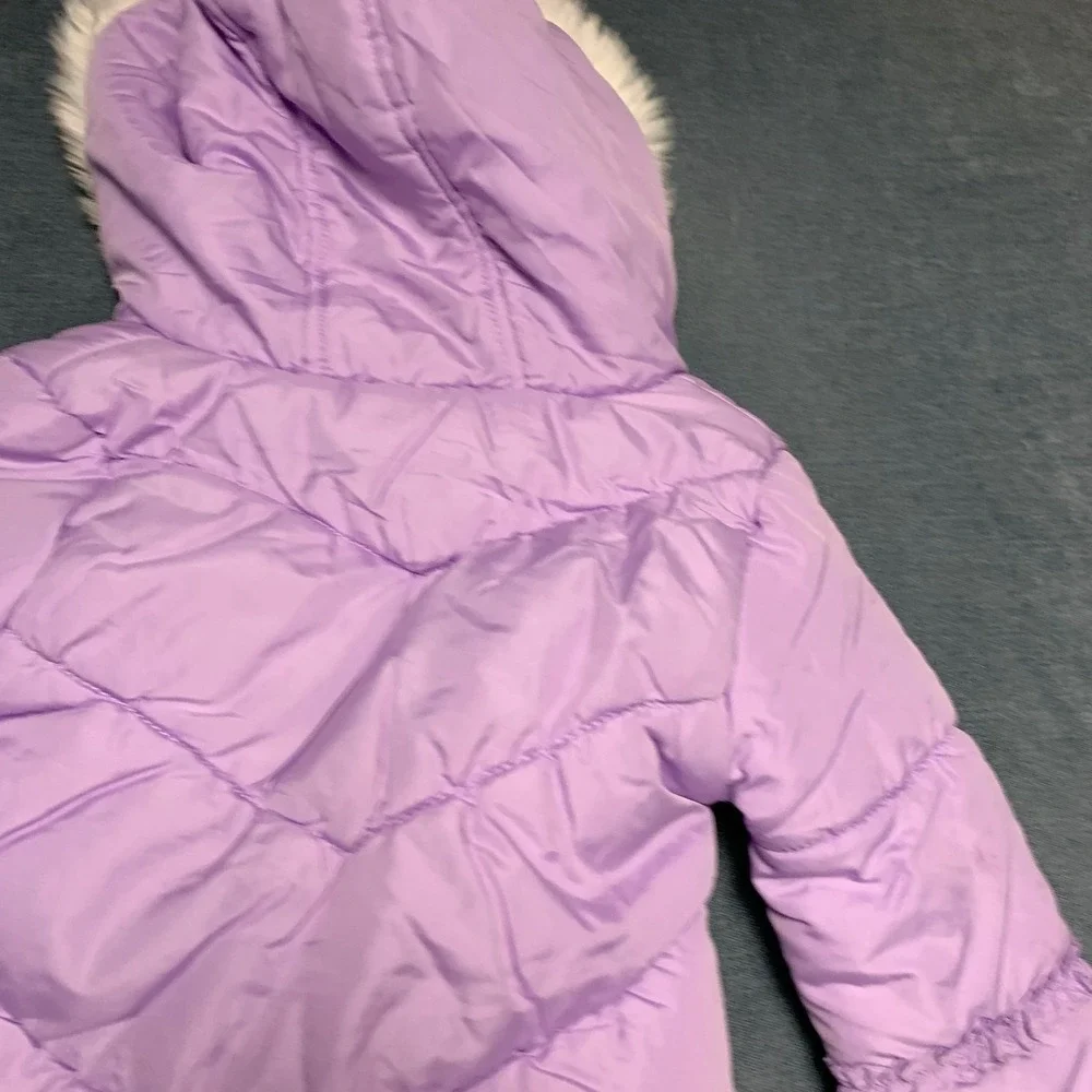 London Fog Puffer Jacket Girls S/4 Purple Faux Fur Trim Hood Fleece Lined Warm